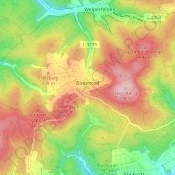 Топографическая карта Bodenrod, высота, рельеф