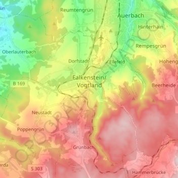 Топографическая карта Falkenstein/Vogtland, высота, рельеф