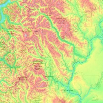 Топографическая карта Chelan County, высота, рельеф
