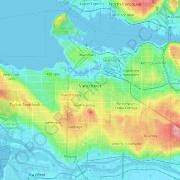 Топографическая карта Ванкувер, высота, рельеф