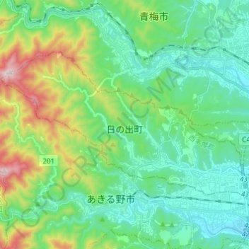 Топографическая карта 日の出町, высота, рельеф