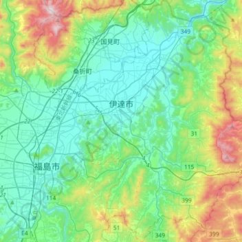Топографическая карта 伊達市, высота, рельеф
