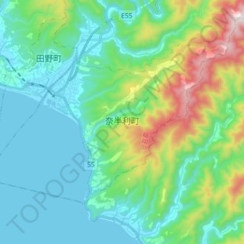 Топографическая карта 奈半利町, высота, рельеф