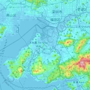 Топографическая карта Yuen Long District, высота, рельеф