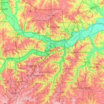 Топографическая карта Канзас-Сити, высота, рельеф