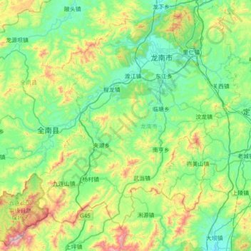 Топографическая карта 龙南市, высота, рельеф