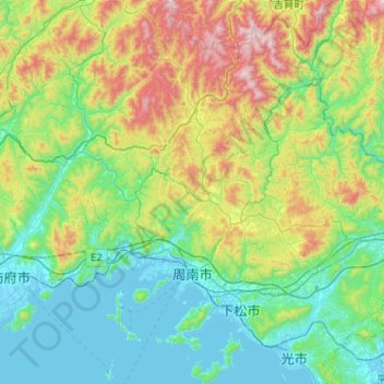 Топографическая карта 周南市, высота, рельеф