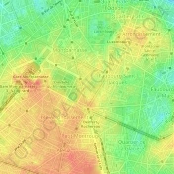 Топографическая карта Quartier du Montparnasse, высота, рельеф