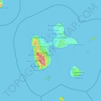 Топографическая карта Guadeloupe, высота, рельеф
