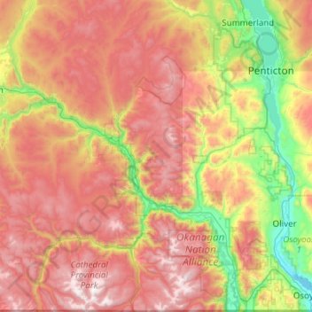 Топографическая карта Area G (Upper Similkameen/Hedley), высота, рельеф