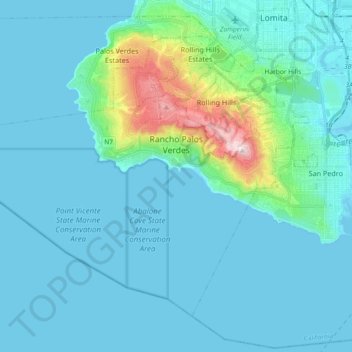 Топографическая карта Rancho Palos Verdes, высота, рельеф