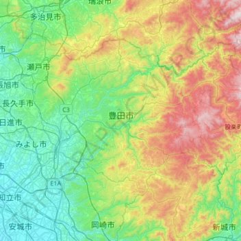 Топографическая карта 豊田市, высота, рельеф