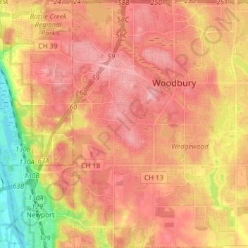 Топографическая карта Woodbury, высота, рельеф