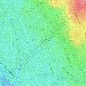 Топографическая карта Paris 11e Arrondissement, высота, рельеф