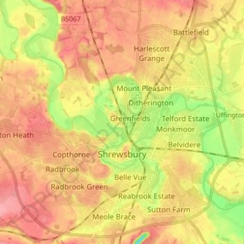 Топографическая карта Shrewsbury, высота, рельеф