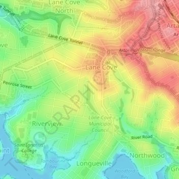 Топографическая карта Lane Cove, высота, рельеф