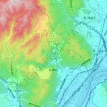 Топографическая карта 島本町, высота, рельеф