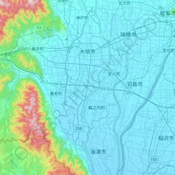 Топографическая карта Огаки, высота, рельеф