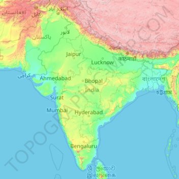 Топографическая карта Индия, высота, рельеф