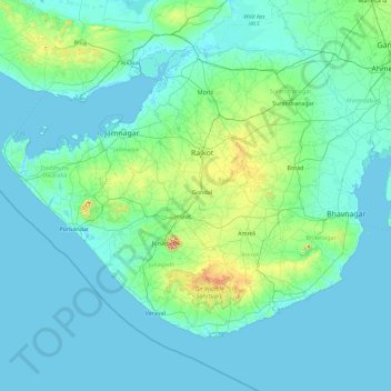 Топографическая карта Kathiawar, высота, рельеф