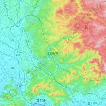 Топографическая карта 岡崎市, высота, рельеф