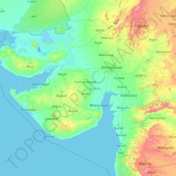 Топографическая карта Гуджарат, высота, рельеф