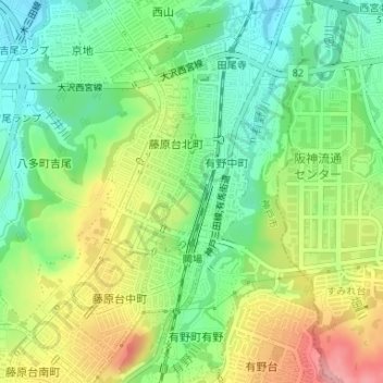 Топографическая карта 藤原台北町1丁目, высота, рельеф