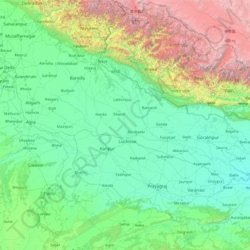 Топографическая карта Уттар-Прадеш, высота, рельеф