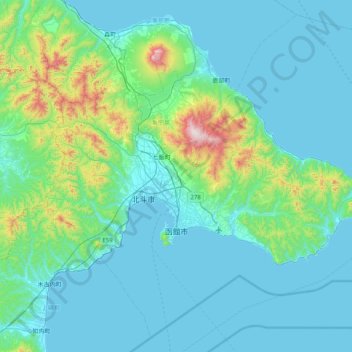 Топографическая карта 函館市, высота, рельеф