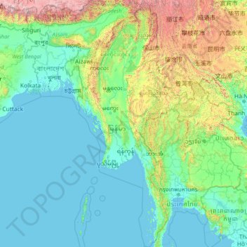 Топографическая карта Мьянма, высота, рельеф
