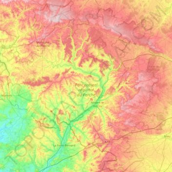 Топографическая карта Parc naturel régional du Perche, высота, рельеф
