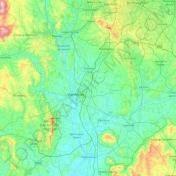 Топографическая карта Worcestershire, высота, рельеф