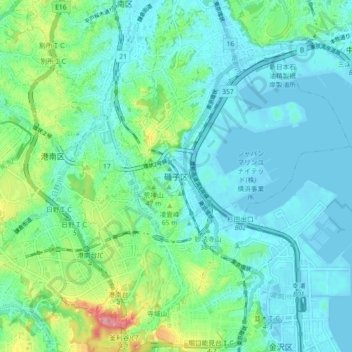 Топографическая карта 磯子区, высота, рельеф