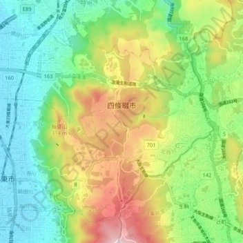 Топографическая карта 四條畷市, высота, рельеф
