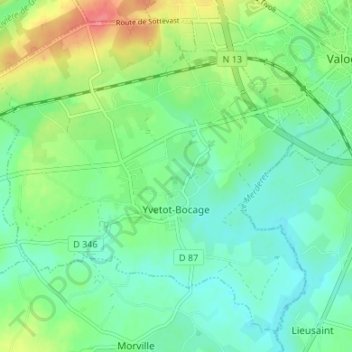 Топографическая карта Yvetot-Bocage, высота, рельеф