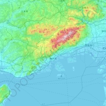 Топографическая карта Кобе, высота, рельеф