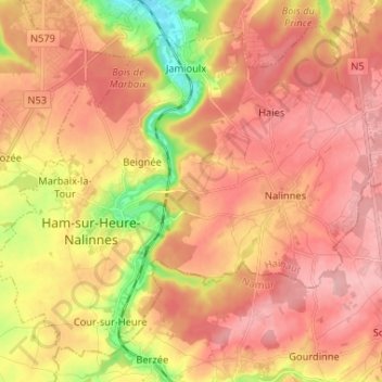 Топографическая карта Ham-sur-Heure-Nalinnes, высота, рельеф