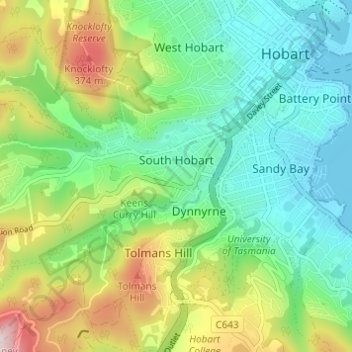 Топографическая карта South Hobart, высота, рельеф