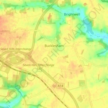 Топографическая карта Bucklesham, высота, рельеф