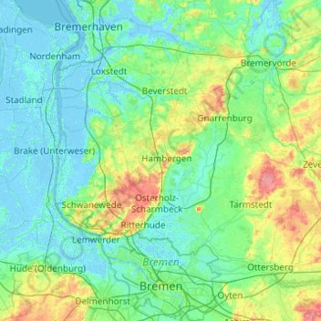Топографическая карта Бремен, высота, рельеф