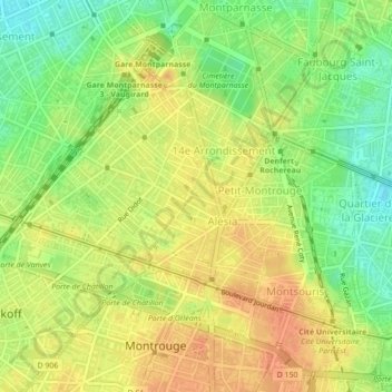 Топографическая карта Paris 14e Arrondissement, высота, рельеф
