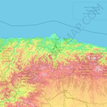 Топографическая карта Asturias, высота, рельеф