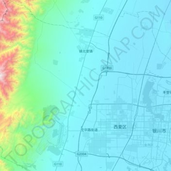 Топографическая карта 镇北堡镇, высота, рельеф