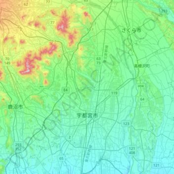 Топографическая карта Уцуномия, высота, рельеф