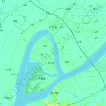 Топографическая карта 白茆镇, высота, рельеф