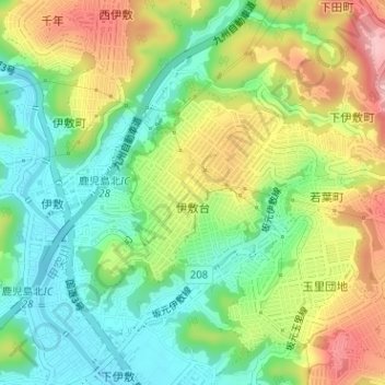 Топографическая карта 伊敷台, высота, рельеф