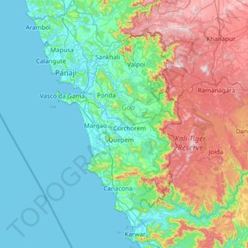 Топографическая карта Гоа, высота, рельеф