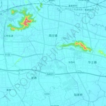 Топографическая карта 周庄镇, высота, рельеф