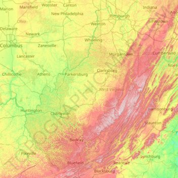 Топографическая карта Западная Виргиния, высота, рельеф