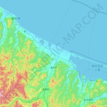 Топографическая карта 湧別町, высота, рельеф